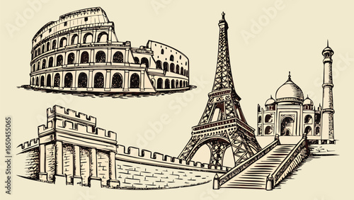 Hand-drawn sepia illustration: Colosseum, Eiffel Tower, Taj Mahal, ancient wall.