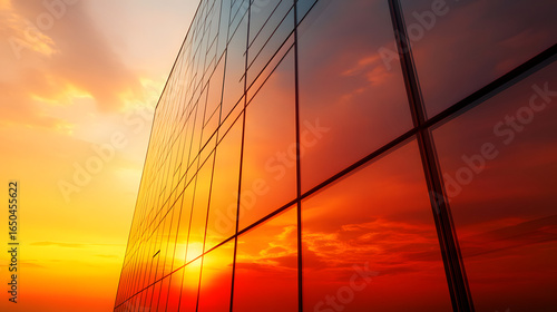 Modern glass building reflecting a vibrant sunset sky