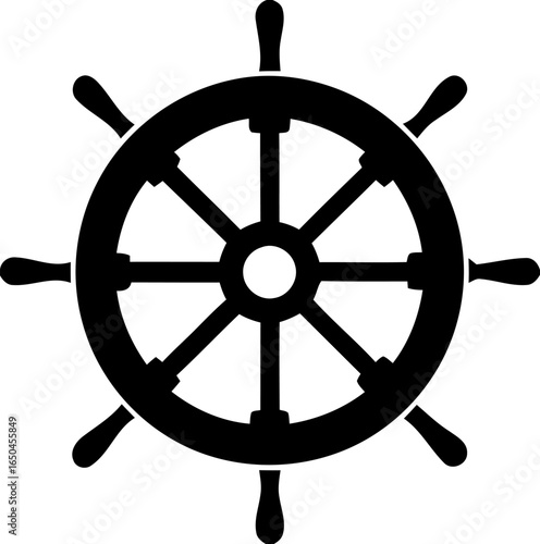 Ship Steering Wheel Vector – Black Silhouette Icon of Nautical Helm with Eight Spokes for Marine Navigation