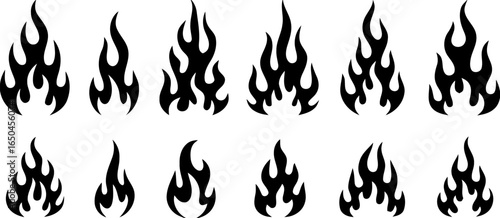 Flame Icon Set – 15 Black Vector Symbols of Stylized Fire Shapes for Energy, Heat, and Decorative Use
