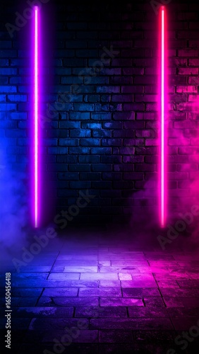 Neon lights against brick wall, smoke effect