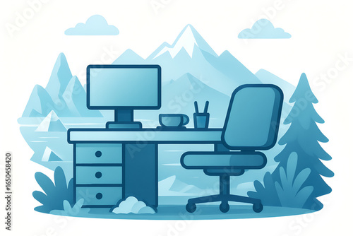 Lake and Mountain Workspace Illustration in Blue Tones