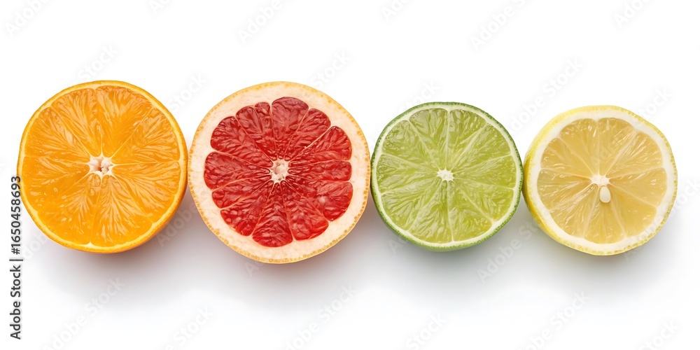 Fototapeta premium Top View of Four Sliced Citrus Fruits - Orange, Grapefruit, Lime, and Lemon - on a White Background