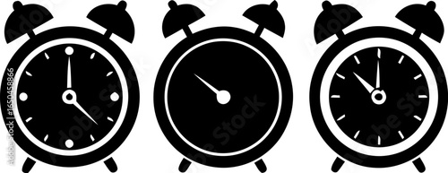 Alarm Clock Vector Set – Black and White Timepiece Illustrations for Schedule, Wake-Up, and Retro Themes