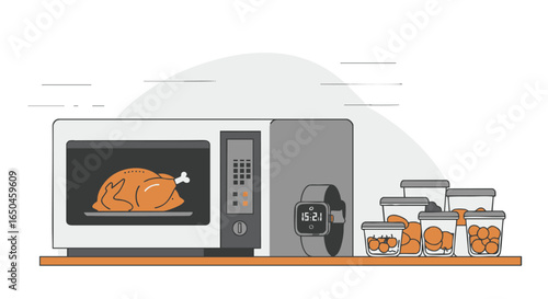 Modern weekly meal prep concept with smart technology for a healthy lifestyle, featuring a microwave, smartwatch, and stored food portions