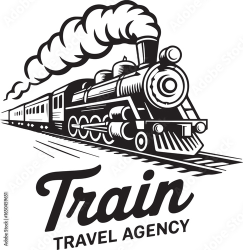 vintage steam locomotive train travel agency logo vector illustration black and white branding