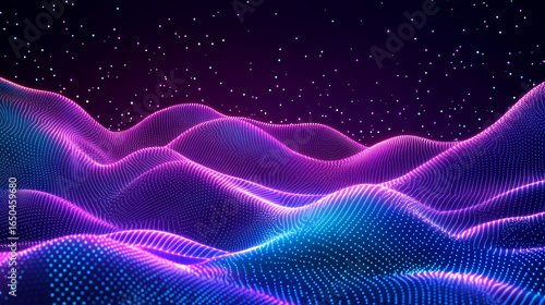 Abstract landscape of glowing, undulating lines and dots in vibrant purple and blue