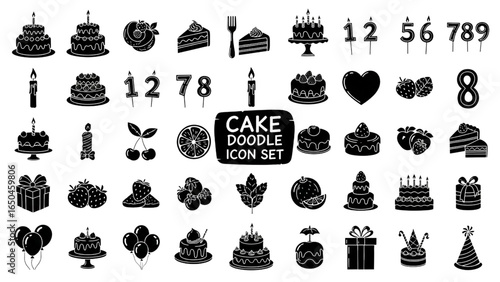 Cake Doodle Icon Set Hand Drawn Birthday Celebration Sketch Illustration
