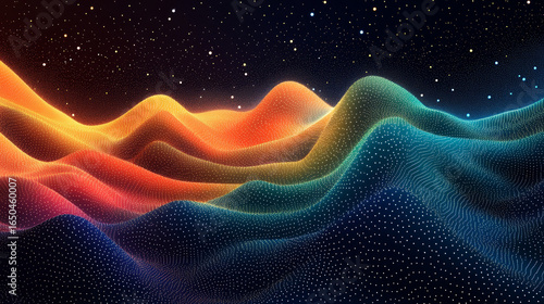 Abstract landscape of undulating hills, rendered in glowing, multicolored dots, against a night sky dotted with stars