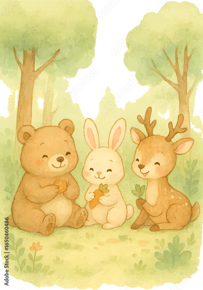 Naklejka premium Cute Watercolor Woodland Animals Illustration – Bear, Rabbit, Deer, Fox, Squirrel, Owl, Hedgehog – Storybook Style, Nursery Art, Transparent