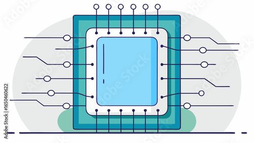 Illustration of a central processing unit with pins and light blue center square shape
