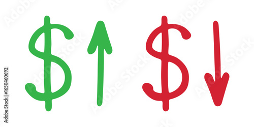 Hand drawn dollar currency symbol Growth and fall profit with arrow up and down Brush stroke doodle Element for design
