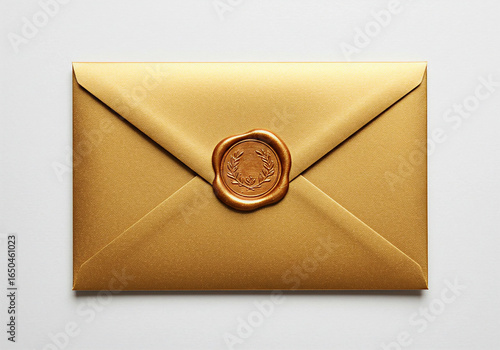 Luxurious golden envelope sealed with a decorative wax stamp, symbolizing elegance, exclusivity, tradition, and special formal communication.