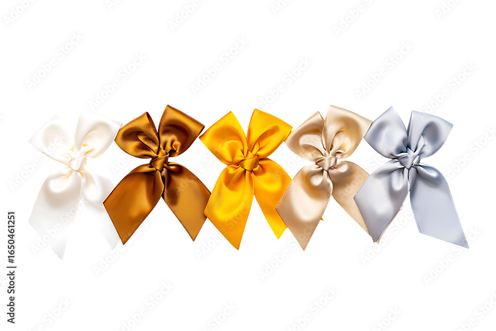 Elegant Satin Ribbon Bows: Five Pastel and Gold Gift Bows Isolated on Black Background. Elegant Satin Ribbon Bows: Five Pastel and Gold Gift Bows Isolated on Black Background.