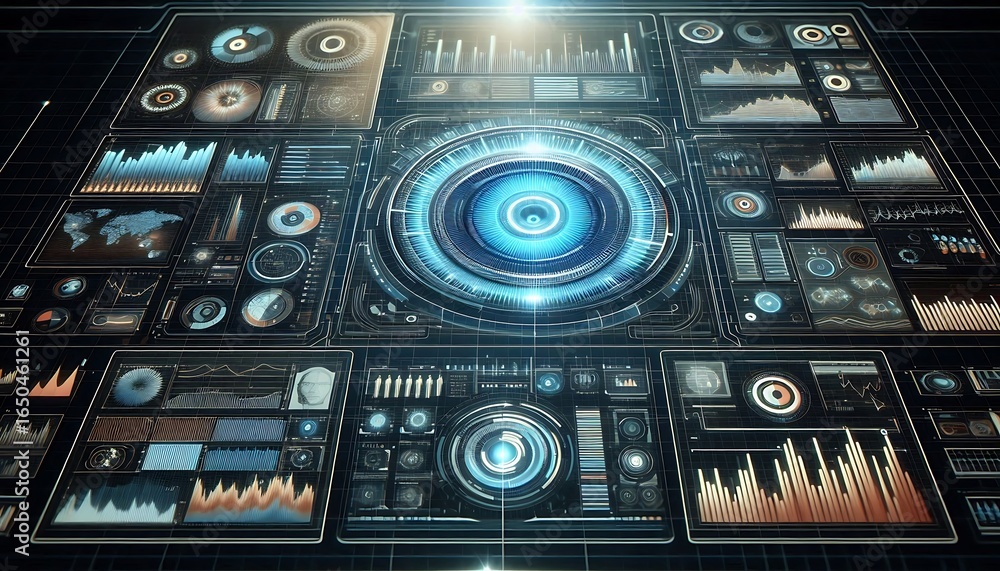 Fototapeta premium Futuristic User Interface with Holographic Display and Data Visualization for Science Fiction and Technology Concepts Featuring Intricate Charts Graphs and Digital Information on a Black Background
