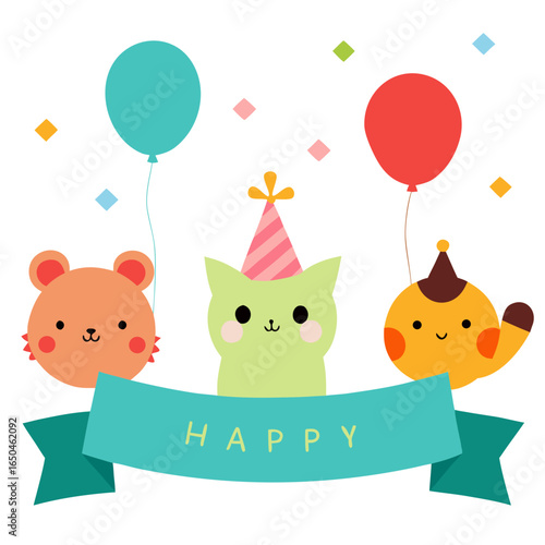 Cute animals celebrate with balloons and party hats