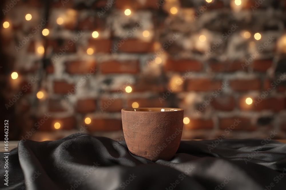 custom made wallpaper toronto digitalRustic earthenware cup on dark fabric, against a brick wall with fairy lights.