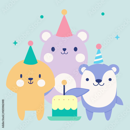 Cute cartoon animals celebrating a birthday with cake and party hats