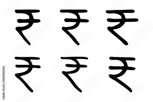 Set of hand drawn rupee currency symbol. Brush stroke doodle. Single element for design