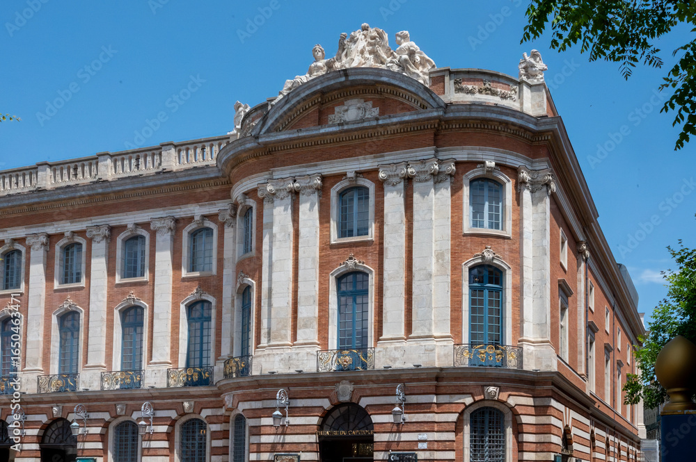 Fototapeta premium Views of Toulouse, city in southern France, Haute-Garonne department, Occitania region, centre of European aerospace industry with pink red bricks houses, travel destination