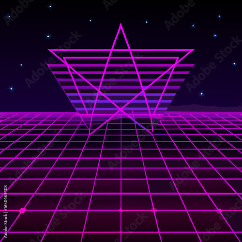 Retro synthwave grid landscape with neon star