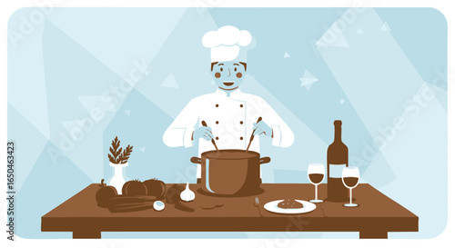 Professional chef preparing a delicious meal in a brightly lit kitchen, showcasing culinary expertise and fresh ingredients