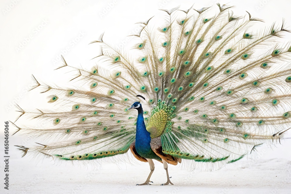 Fototapeta premium Majestic peacock displaying its vibrant feathers in a serene outdoor setting