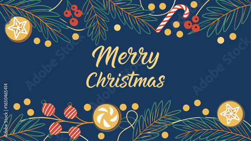 Bright Christmas and New Year design holiday frame.  Christmas decoration border with fir branches and golden glitter confetti and sparkles of lights blur bokeh on blue background. Vector 