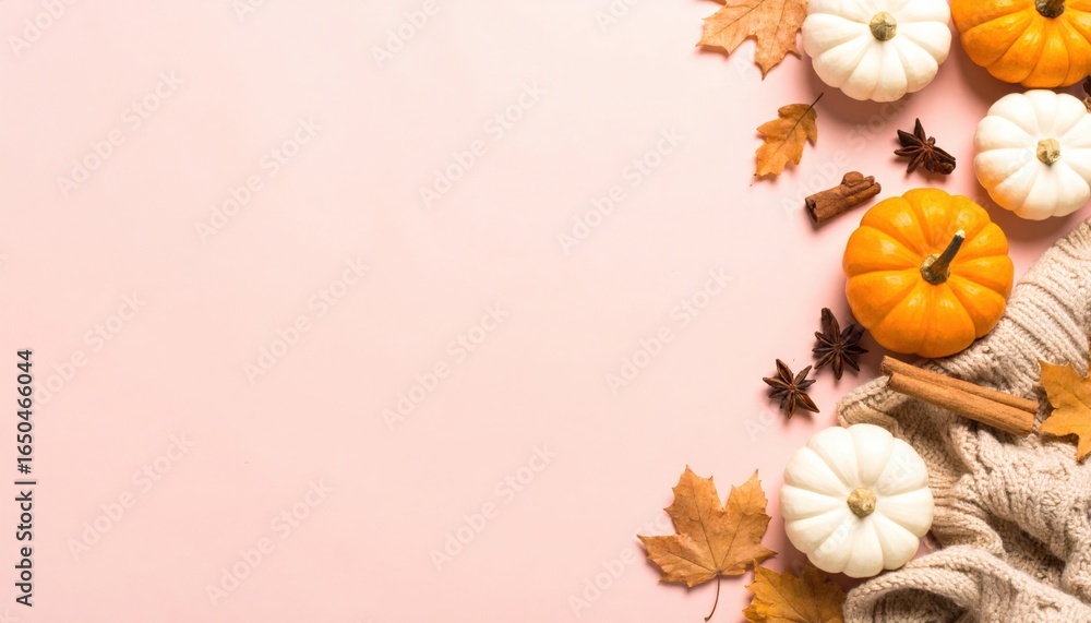 Fototapeta premium Autumn decor arrangement featuring pumpkins and leaves on soft pink background seasonal theme aesthetic photography cozy vibe top view