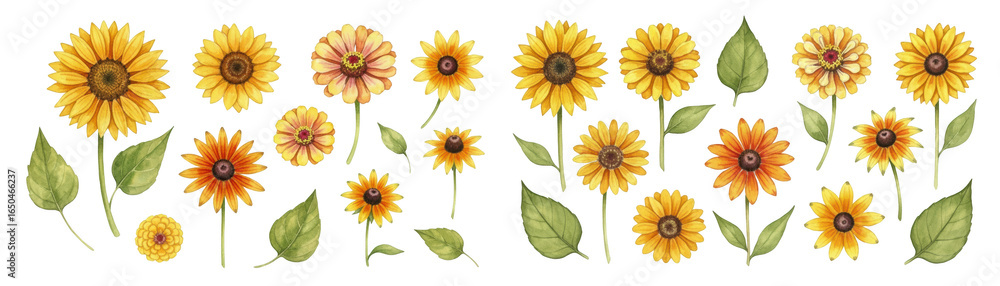 Fototapeta premium A vibrant collection of hand-drawn yellow flowers, showcasing detailed petals and leaves.