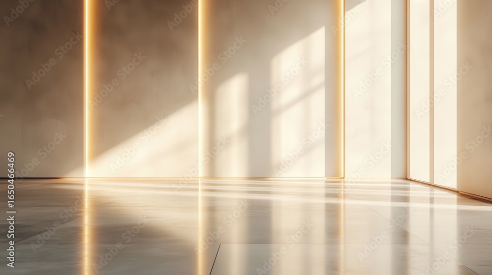 Fototapeta premium Empty modern room bathed in warm sunlight (2)