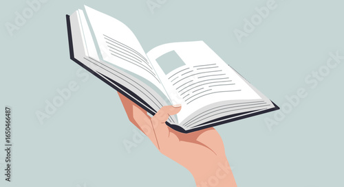 Minimalist flat vector of a hand holding an open book, sharing stories concept