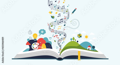 Flat illustration of an open book with musical notes floating out, imagination and creativity theme