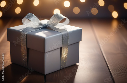 Grey gift box on blured bokeh background