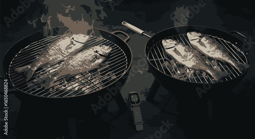 Atmospheric monochromatic scene of two whole seasoned fish grilling on a pair of round charcoal barbecues outdoors at night