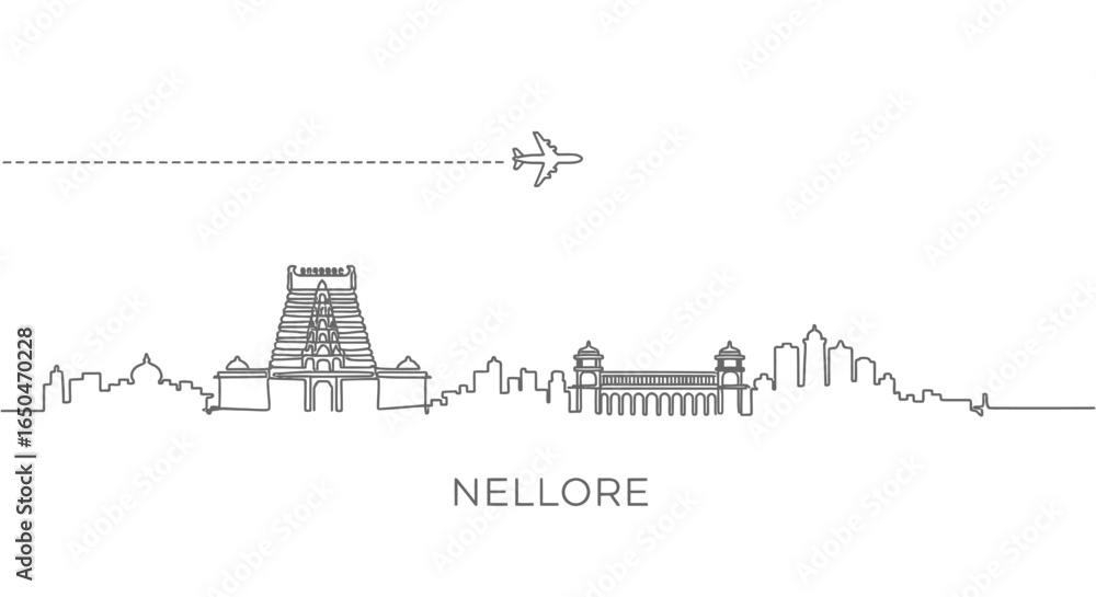 Fototapeta premium Nellore Skyline Outline with Airplane Flying.