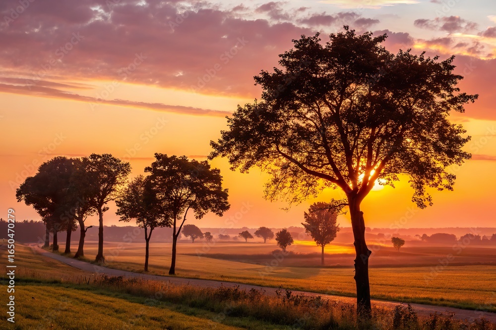 Fototapeta premium Serene sunset over a tree-lined road with vibrant colors and soft clouds in the background