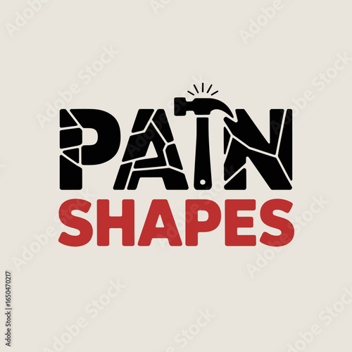 Hammer striking the word pain breaking it into pieces with the word shapes below it symbolizing overcoming adversity and transforming negative experiences into positive outcomes