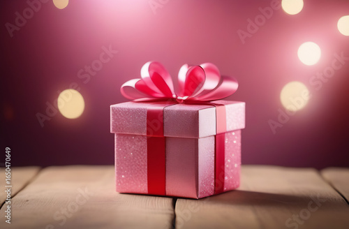 Gift Box in pink paper with red bow and bokeh