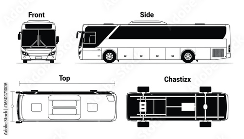Detailed coach bus blueprint, showcasing multiple angles. Useful for automotive design and engineering projects.