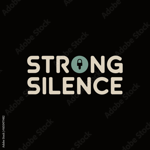 The words strong silence are displayed in bold white sans serif font against a stark black background with a teal circle containing a microphone icon replacing the letter o in strong