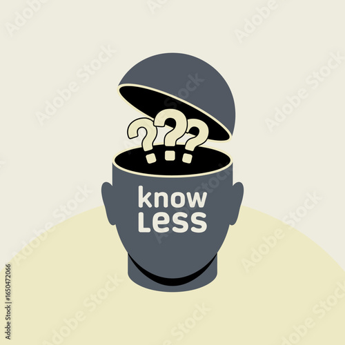 Conceptual illustration of an open head revealing question marks inside symbolizing confusion curiosity or a lack of knowledge with the words know less displayed prominently