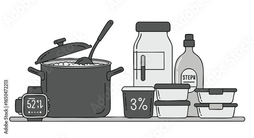 Healthy lifestyle concept with meal prep containers, cooking pot, and a fitness tracker on a kitchen shelf illustration