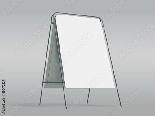 Advertising easel stand, sandwich sign board frame mockup. 3d menu double poster display for restaurant on sidewalk. Outdoor chalkboard for promo notice with food and coffee. Empty signage mock up