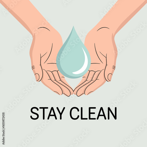 Hands cupped together gently holding a single clear water droplet symbolizing purity cleanliness and the importance of hygiene and staying safe