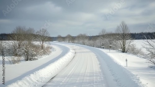 Empty snowy road stretching into distance on winter highway in tranquil landscape