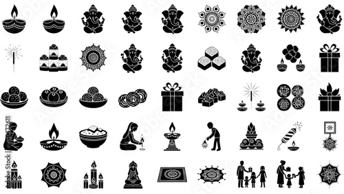 Diwali Celebration Icon Set Diya Lamps Ganesh Rangoli Vector Illustration
