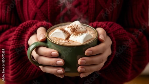 Woman's hands holding cup of cocoa with marshmallows in warm sweater
