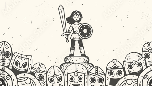 Illustration of a warrior girl standing on a pile of helmets holding a sword and a shield centered