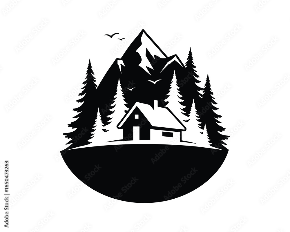 Obraz premium Black and White Vector illustration of mountain with cabin. Landscape with trees and birds silhouette. Nature scenery.